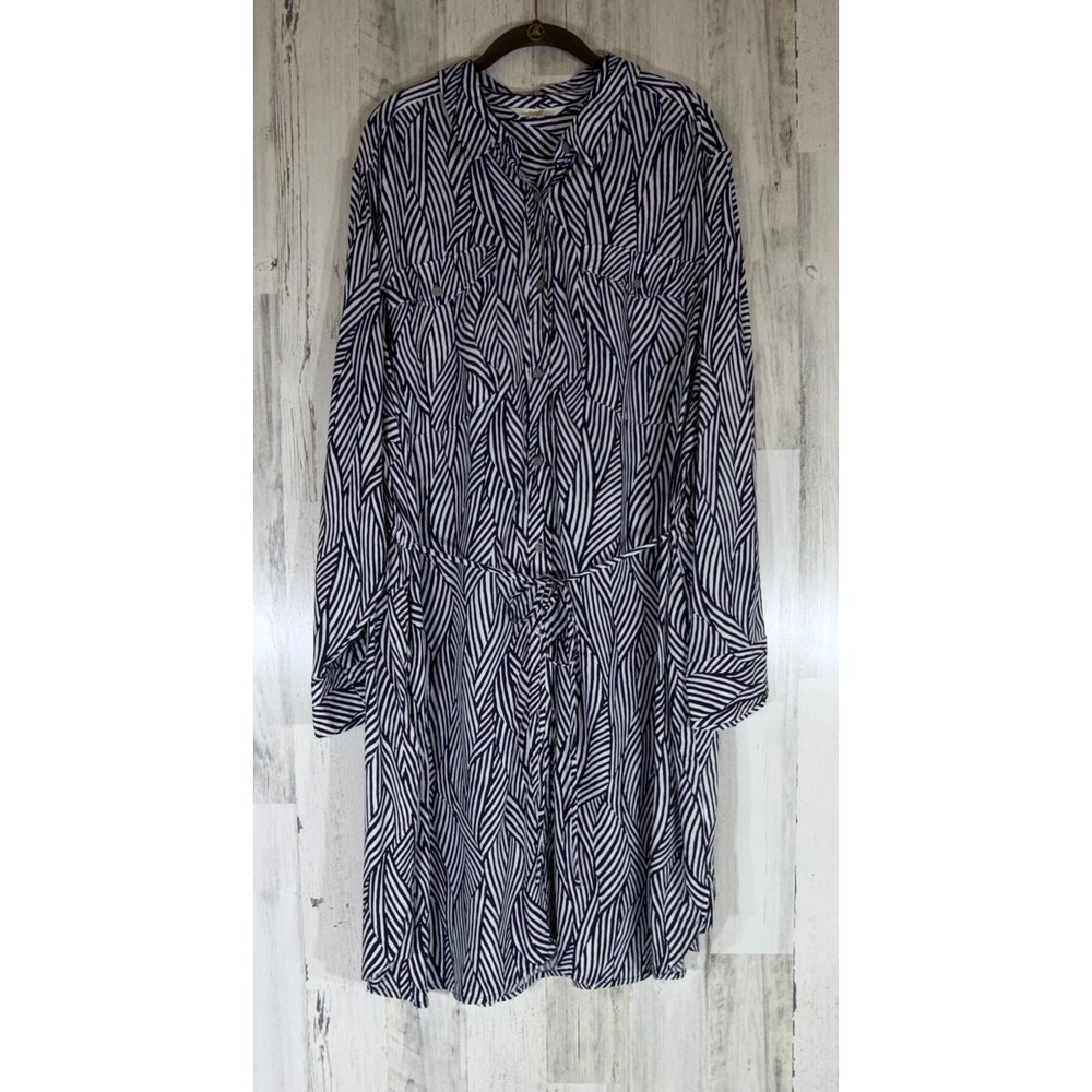 Terra & Sky Shirt Dress 3X 24W 26W Navy White Abstract Stripe Long Sleeve NWT